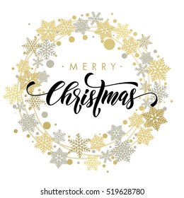 Golden and silver Christmas ornaments and wreath decoration of stars, snowflakes. Merry Christmas calligraphic lettering design