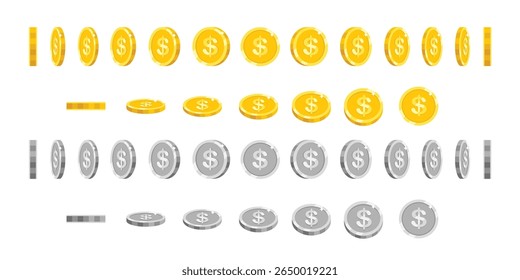 Golden and silver coins. Cartoon animation coin. Rotating gold and silver money for game, app, website. Different animated angles flip and rotate. Various round dollar views. Vector set.