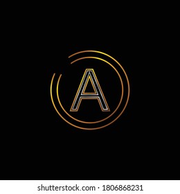 Diseño alfabético de color dorado y plateado de una letra .Logo Design para la letra A.Letra A se adjunta en dos círculos. Combinación única de gradiente de color dorado y plateado.