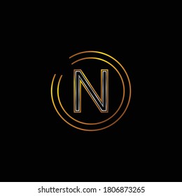 Golden and Silver Colored Alphabetic Design of N letter .Logo Design for Letter N .Letter N is Enclosed in Two Circle .Unique Combination of Golden and Silver Colored Gradient.