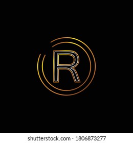 Golden and Silver Colored Alphabetic Design of R letter .Logo Design for Letter R .Letter R is Enclosed in Two Circle .Unique Combination of Golden and Silver Colored Gradient.