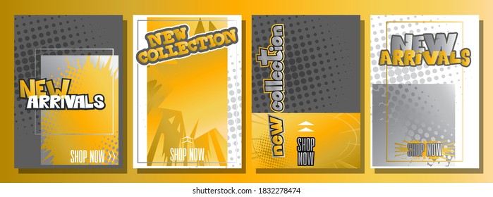 Golden and Silver comic book style editable stories vector template pack. Set of social media frames with new arrival, new collection text for business story.