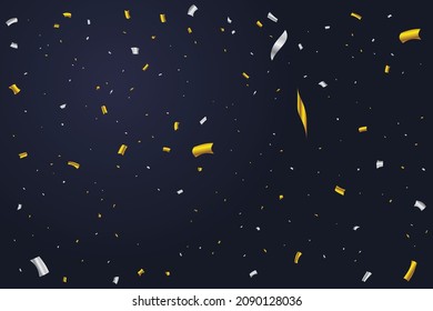 Golden and silver confetti falling isolated on dark blue background. Anniversary celebration. Shiny party tinsel and confetti falling. Festival elements. Confetti vector for carnival background.