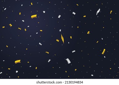 Golden and silver confetti falling isolated on dark blue background. Anniversary celebration. Shiny party tinsel and confetti falling. Festival elements. Confetti vector for carnival background.