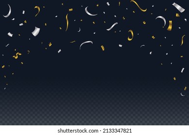 Golden and silver confetti falling isolated on dark blue background. Festival elements. Confetti vector for carnival background. Anniversary celebration. Shiny party tinsel and confetti falling.