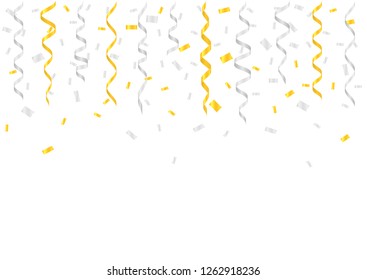 Golden and silver confetti. Festive holiday ribbons over white background