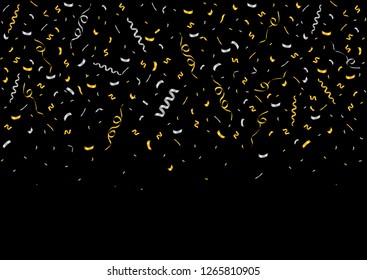 Golden and silver confetti. Festive holiday ribbons over white background