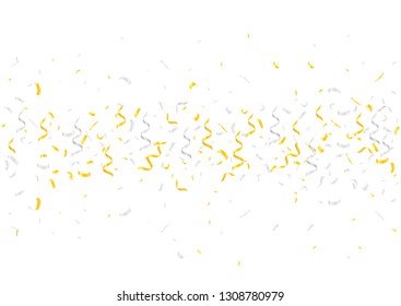 Golden and silver confetti. Festive holiday ribbons over white background