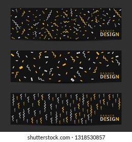 Golden silver confetti ribbons festive banner set. Vector illustration