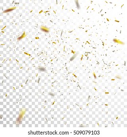 Golden and Silver Confetti. Vector Festive Illustration of Falling Shiny Confetti Glitters Isolated on Transparent Checkered Background. Holiday Decorative Tinsel Element for Design - Shutterstock ID 509079103