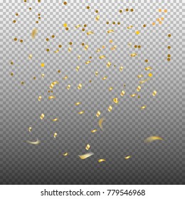 Golden and Silver Confetti. Vector Festive Illustration of Falling Shiny Confetti Glitters Isolated on Transparent Checkered Background. Holiday Decorative Tinsel Element for Design