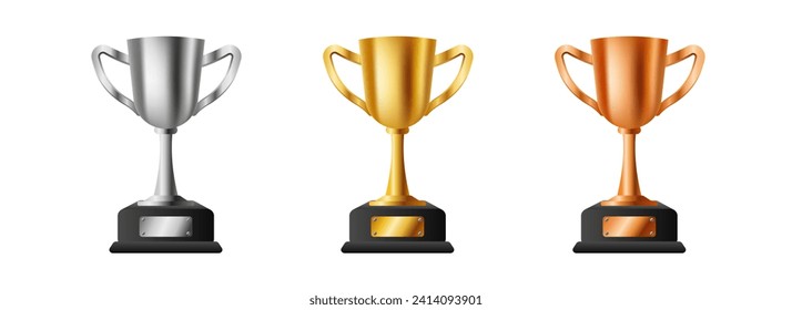 Golden silver and copper 3d cups trophies. Goblet prize for first places in sports and office games as symbol of champion and celebration of vector victory