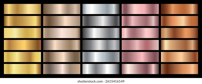 Golden, silver, copper, bronze and rose gold foil texture gradient collection. Shiny and metalic gradient set for border, frame, ribbon and label design vector illustration.