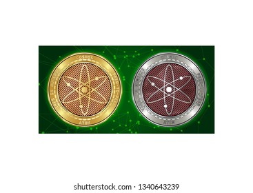 Golden and silver Cosmos (ATOM) cryptocurrency coins on blockchain green background. Cosmos (ATOM) cryptocoin color concept. Schematic green blockchain