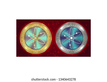 Golden and silver Cosmos (ATOM) cryptocurrency coins on blockchain red background. Cosmos (ATOM) cryptocoin concept. Schematic red blockchain