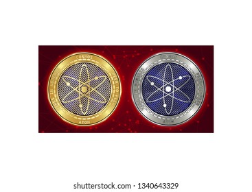 Golden and silver Cosmos (ATOM) cryptocurrency coins on blockchain red background. Cosmos (ATOM) cryptocoin concept. Schematic red blockchain