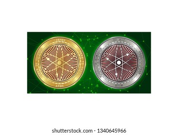 Golden and silver Cosmos (ATOM) cryptocurrency coins on blockchain green background. Cosmos (ATOM) cryptocoin color concept. Schematic green blockchain