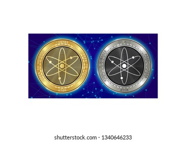 Golden and silver Cosmos (ATOM) cryptocurrency coins on blockchain blue background. Cosmos (ATOM) cryptocoin concept. Schematic blue blockchain