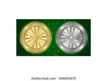 Golden and silver Cosmos (ATOM) cryptocurrency coins on blockchain green background. Cosmos (ATOM) cryptocoin color concept. Schematic green blockchain