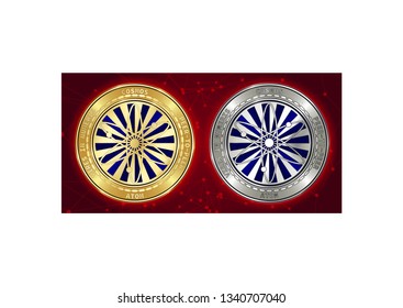 Golden and silver Cosmos (ATOM) cryptocurrency coins on blockchain red background. Cosmos (ATOM) cryptocoin concept. Schematic red blockchain