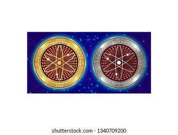 Golden and silver Cosmos (ATOM) cryptocurrency coins on blockchain blue background. Cosmos (ATOM) cryptocoin concept. Schematic blue blockchain