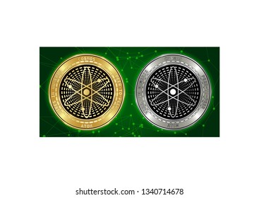 Golden and silver Cosmos (ATOM) cryptocurrency coins on blockchain green background. Cosmos (ATOM) cryptocoin color concept. Schematic green blockchain