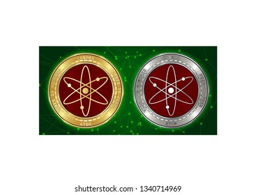 Golden and silver Cosmos (ATOM) cryptocurrency coins on blockchain green background. Cosmos (ATOM) cryptocoin color concept. Schematic green blockchain