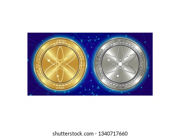 Golden and silver Cosmos (ATOM) cryptocurrency coins on blockchain blue background. Cosmos (ATOM) cryptocoin concept. Schematic blue blockchain