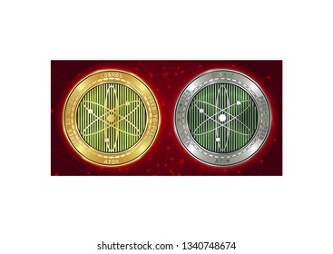Golden and silver Cosmos (ATOM) cryptocurrency coins on blockchain red background. Cosmos (ATOM) cryptocoin concept. Schematic red blockchain