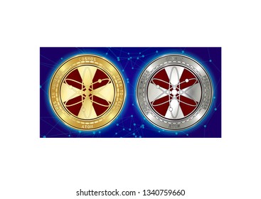 Golden and silver Cosmos (ATOM) cryptocurrency coins on blockchain blue background. Cosmos (ATOM) cryptocoin concept. Schematic blue blockchain