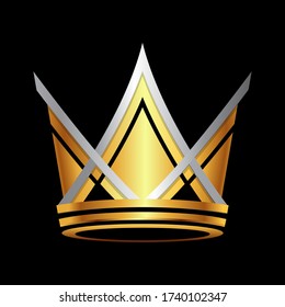 Golden and Silver Crown symbol icon template. Vintage logo on black background. Geometric symbol Logotype concept Vector illustration.