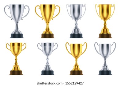 Golden and silver cup awards, champion winner trophy prizes, vector realistic 3D set. Soccer sport and championship victory gold and silver cup awards
