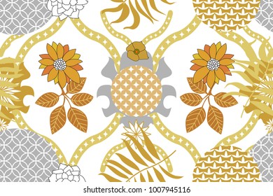 Golden and silver Damask pattern with Indian motifs. Minimalism style. Abstract flowers and leaves on white background. Oriental textile collection.
