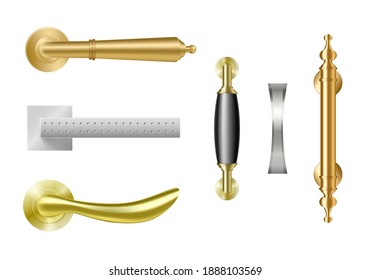 Golden and silver door handles. Realistic metal furniture for windows and doorways. Collection of straight and curved decorative interior elements isolated. Vector illustration