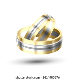 Golden With Silver Element Wedding Rings Vector. Special Symbolic Of Eternity And Relationship Rings For Young Newly Couple Engaged. Shine Luxury Accessory For Marriage Realistic 3d Illustration