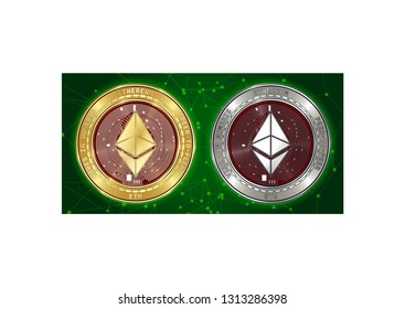 Golden and silver Ethereum (ETH) cryptocurrency coins on blockchain green background. Ethereum (ETH) cryptocoin color concept. Schematic green blockchain