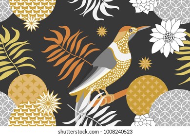Golden and silver floral pattern with Japanese motifs. Minimalism style. Abstract birds, stars, flowers and palm leaves on grey background. Oriental textile collection.