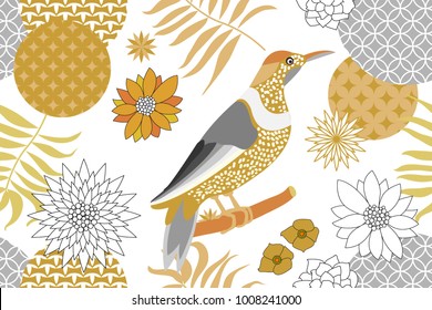 Golden and silver floral pattern with Japanese motifs. Minimalism style. Abstract birds, flowers, circles and palm leaves on white background. Oriental textile collection.