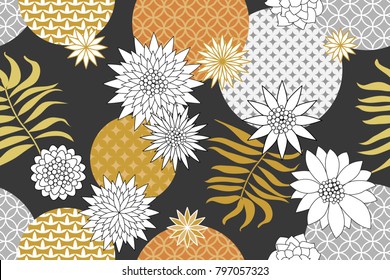 Golden and silver floral pattern with Japanese motifs. Minimalism style. Abstract white flowers and palm leaves on grey background. Oriental textile collection.