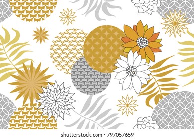 Golden and silver floral pattern with Japanese motifs. Minimalism style. Abstract flowers and palm leaves on white background. Oriental textile collection.