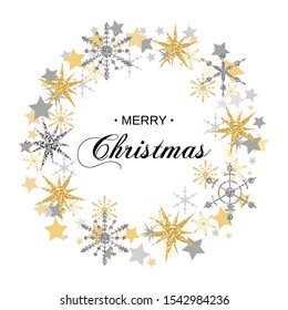 Golden and Silver glitter Christmas wreath with snowflakes and stars. Greeting card with "Merry Christmas" typography. New Year, Xmas frame. Vector illustration.
