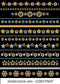 Golden and silver glittering  border of christmas snowflakes, stars and circles on black background, vector illustration