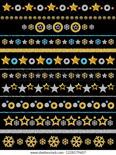 Golden\
and silver glittering  border of christmas snowflakes, stars and\
circles on black background, vector\
illustration