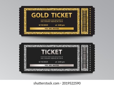 Golden and silver glittering stub ticket templates with black backgrounds.