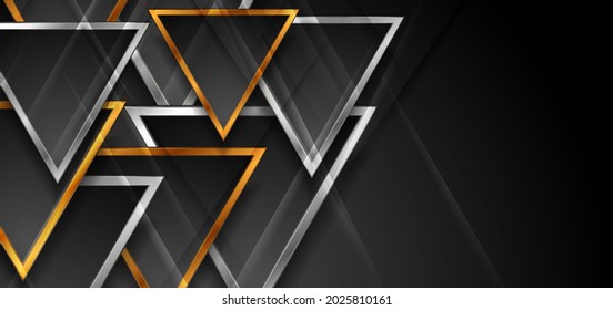 Golden and silver glossy triangles abstract dark technology background. Vector design
