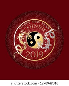 Golden and silver graphics Dragons on red background​for Chinese new year 2019 