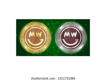 Golden and silver GRIN cryptocurrency coins on blockchain green background. GRIN cryptocoin color concept. Cryptocurrency coins with GRIN symbol. Schematic green blockchain