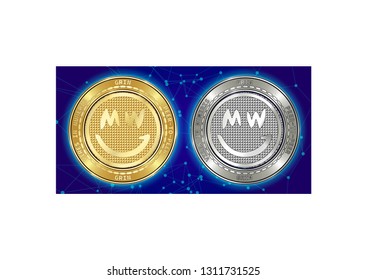 Golden and silver GRIN cryptocurrency coins on blockchain blue background. GRIN cryptocoin concept. Cryptocurrency coins with GRIN symbol. Schematic blue blockchain