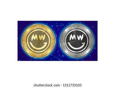 Golden and silver GRIN cryptocurrency coins on blockchain blue background. GRIN cryptocoin concept. Cryptocurrency coins with GRIN symbol. Schematic blue blockchain