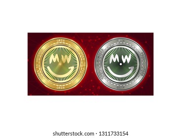 Golden and silver GRIN cryptocurrency coins on blockchain red background. GRIN cryptocoin concept. Cryptocurrency coins with GRIN symbol. Schematic red blockchain